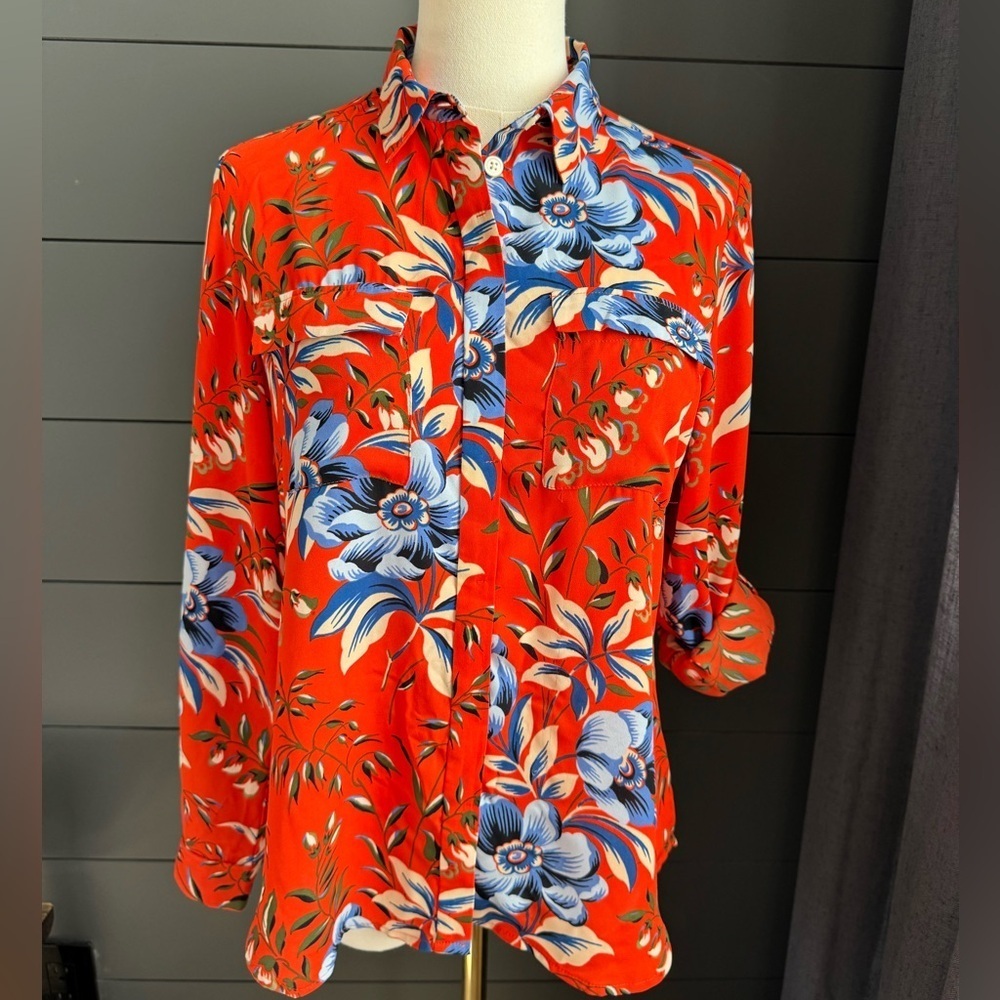 LOFT Red and Blue Floral Button Down Long Sleeve Blouse Lightweight Colorful